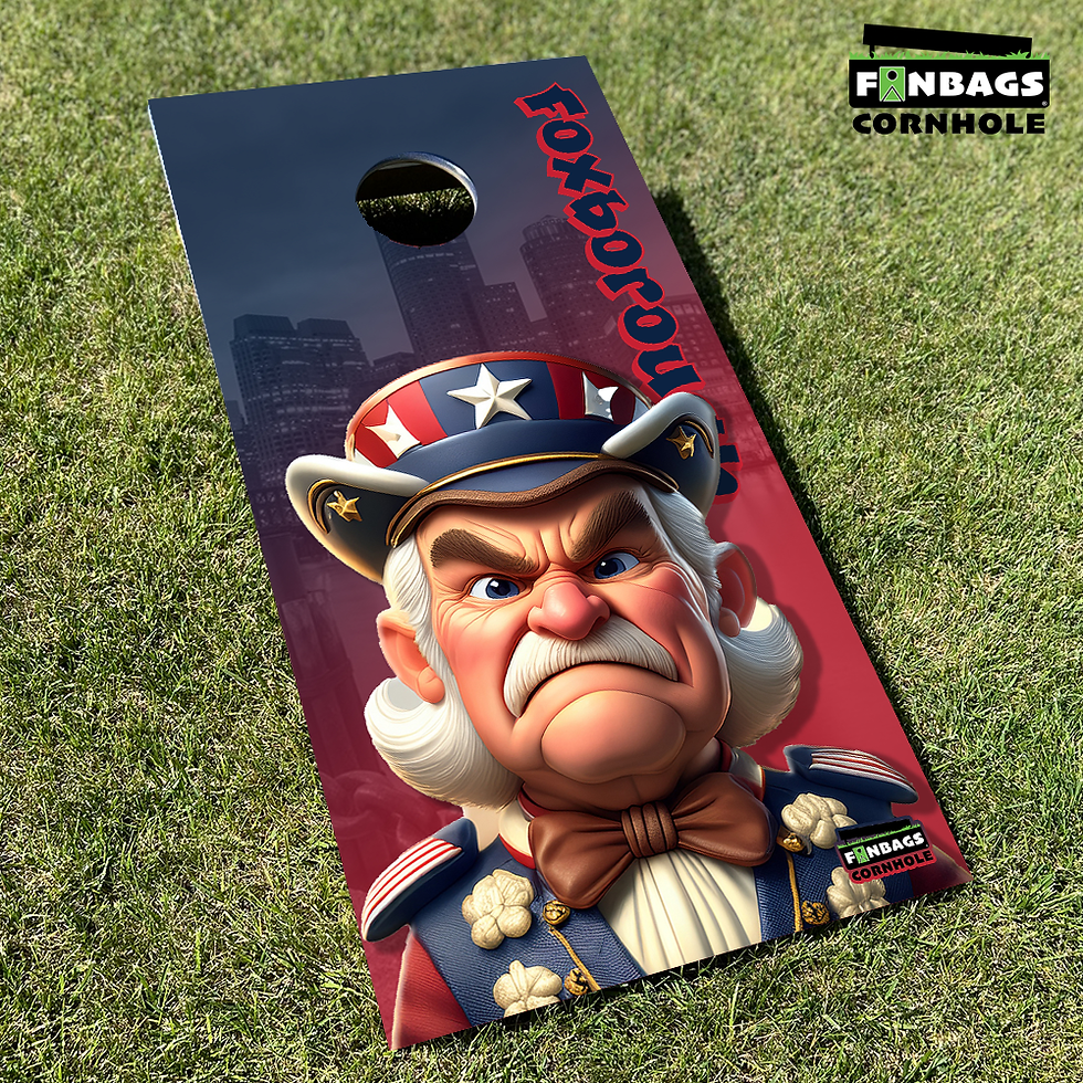 Thumbnail: Tournament edition New England Patriots cornhole boards featuring the Patriots mascot drinking a beer with the Boston skyline