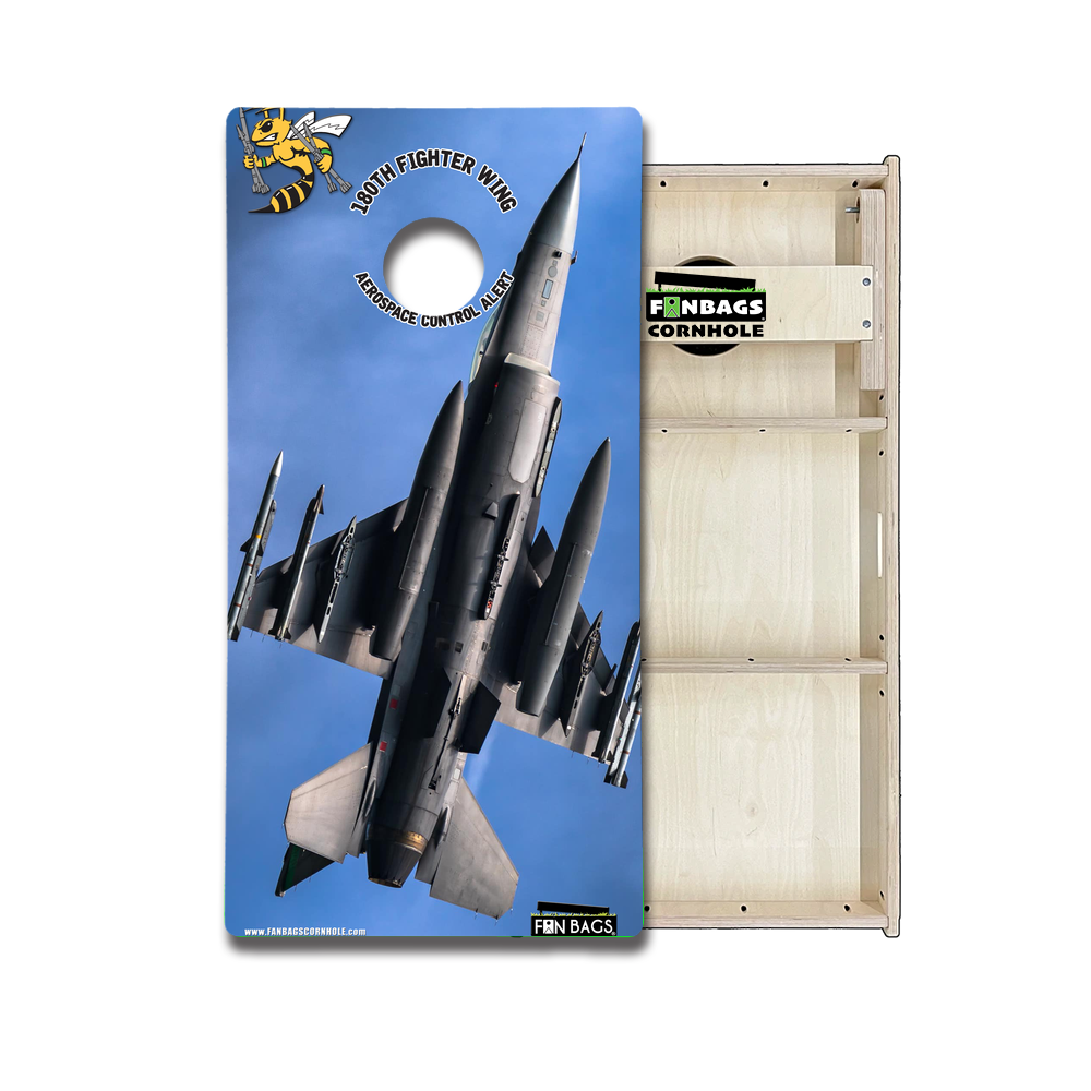 180th Airborne F-16 Fighter Jet Tournament Edition cornhole boards featuring the 180th Airborne logo and detailed F-16 aircra