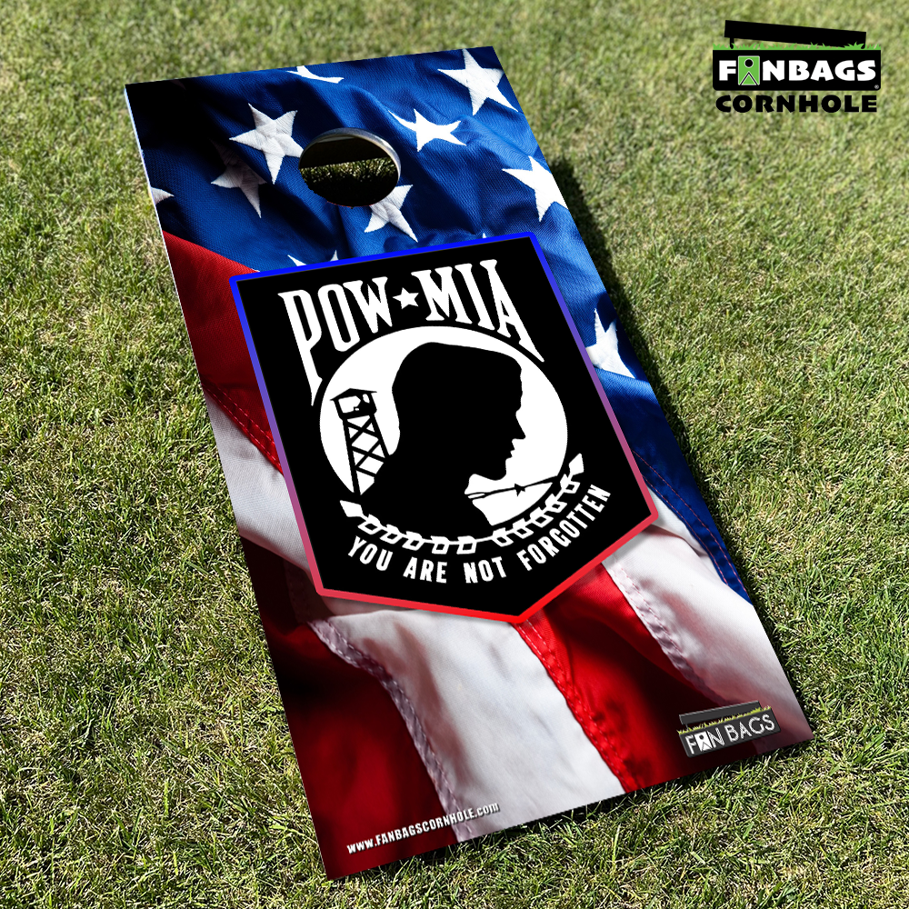 Set of two POW/MIA-themed cornhole boards featuring the iconic black-and-white emblem with 'You Are Not Forgotten' text, set