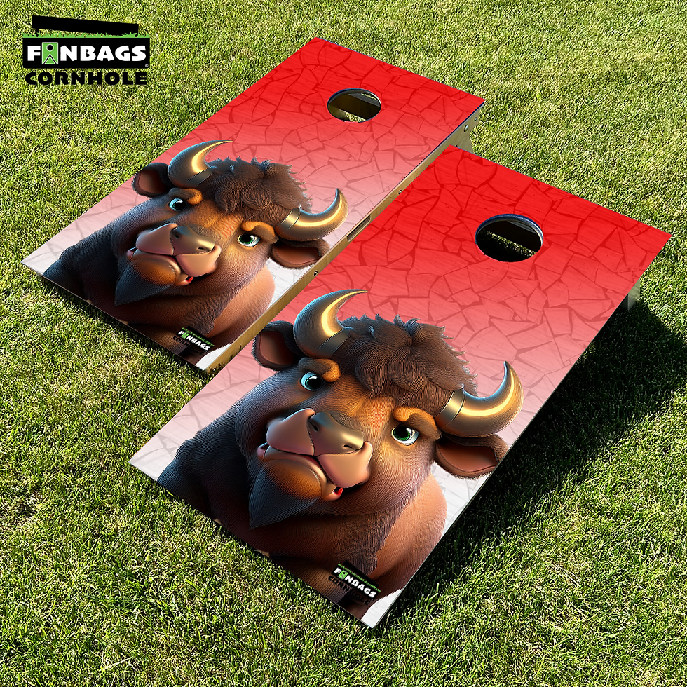Thumbnail: Tournament edition Buffalo Bills cornhole boards featuring the Bills mascot drinking a beer with the Buffalo city skyline in