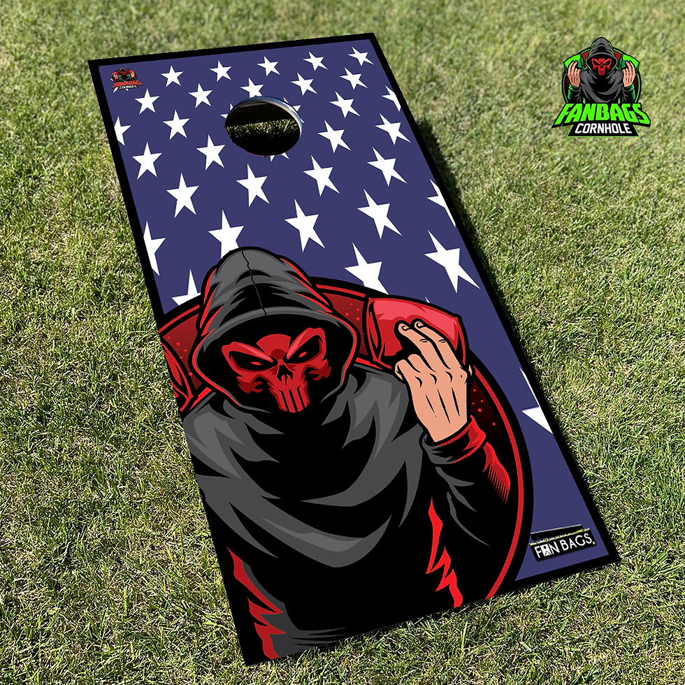Thumbnail: FanBags Vigilante Logo design printed directly on a cornhole board sitting in the grass