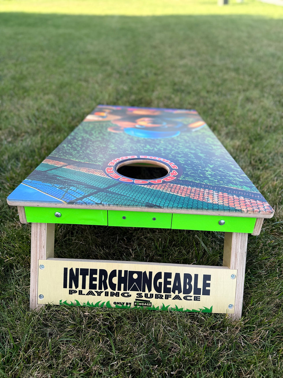 Thumbnail: view from the back of a tournament edition cornhole board featuring the top lock
