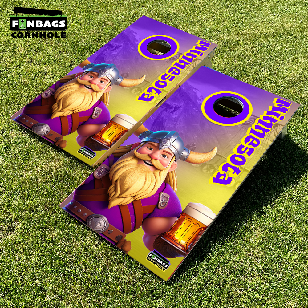 Tournament edition Minnesota Vikings cornhole boards featuring the Vikings mascot drinking a beer with the Minneapolis city s