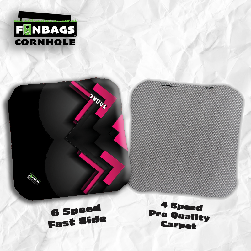 Set of four SABRE pro style cornhole bags featuring a dual-speed design, with a customizable fast fabric side and a professio