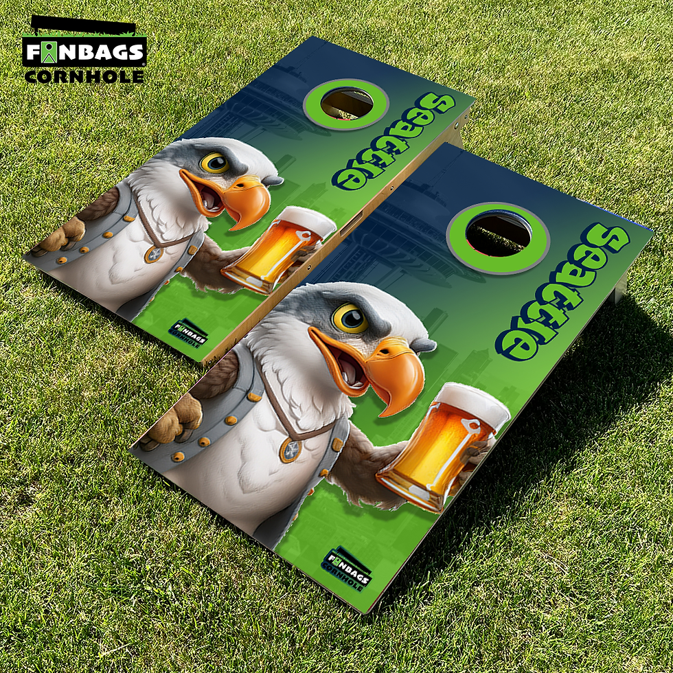 Tournament edition Seattle Seahawks cornhole boards featuring the Seahawks mascot drinking a beer with the Seattle skyline in