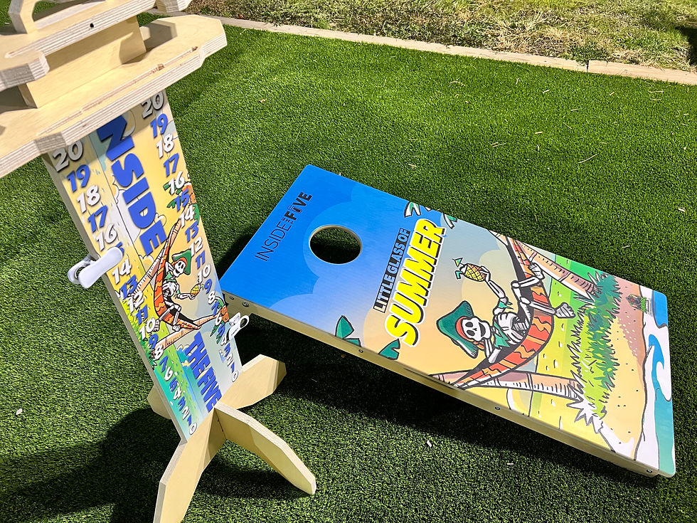 High angle view of a magnetic cornhole scoreboard with colorful magnets
