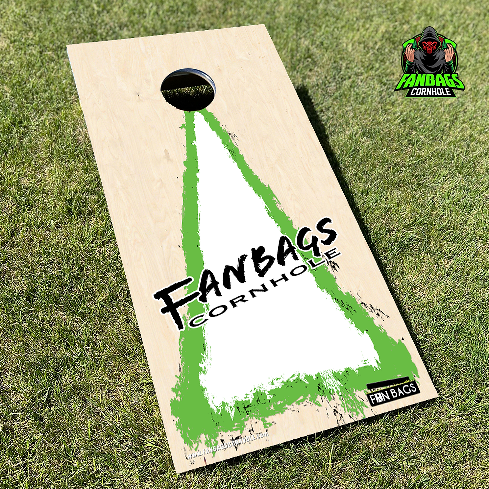 Thumbnail: Cornhole triangle design printed directly on a cornhole board sitting in the grass
