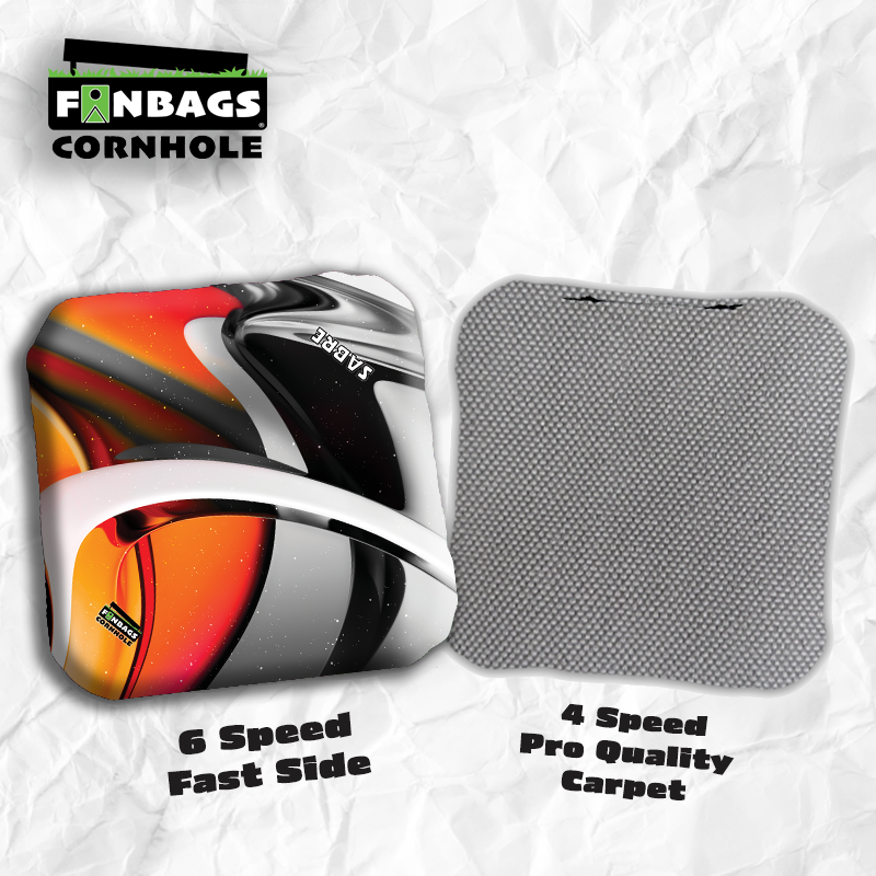 Set of four SABRE pro style cornhole bags featuring a dual-speed design, with a customizable fast fabric side and a professio