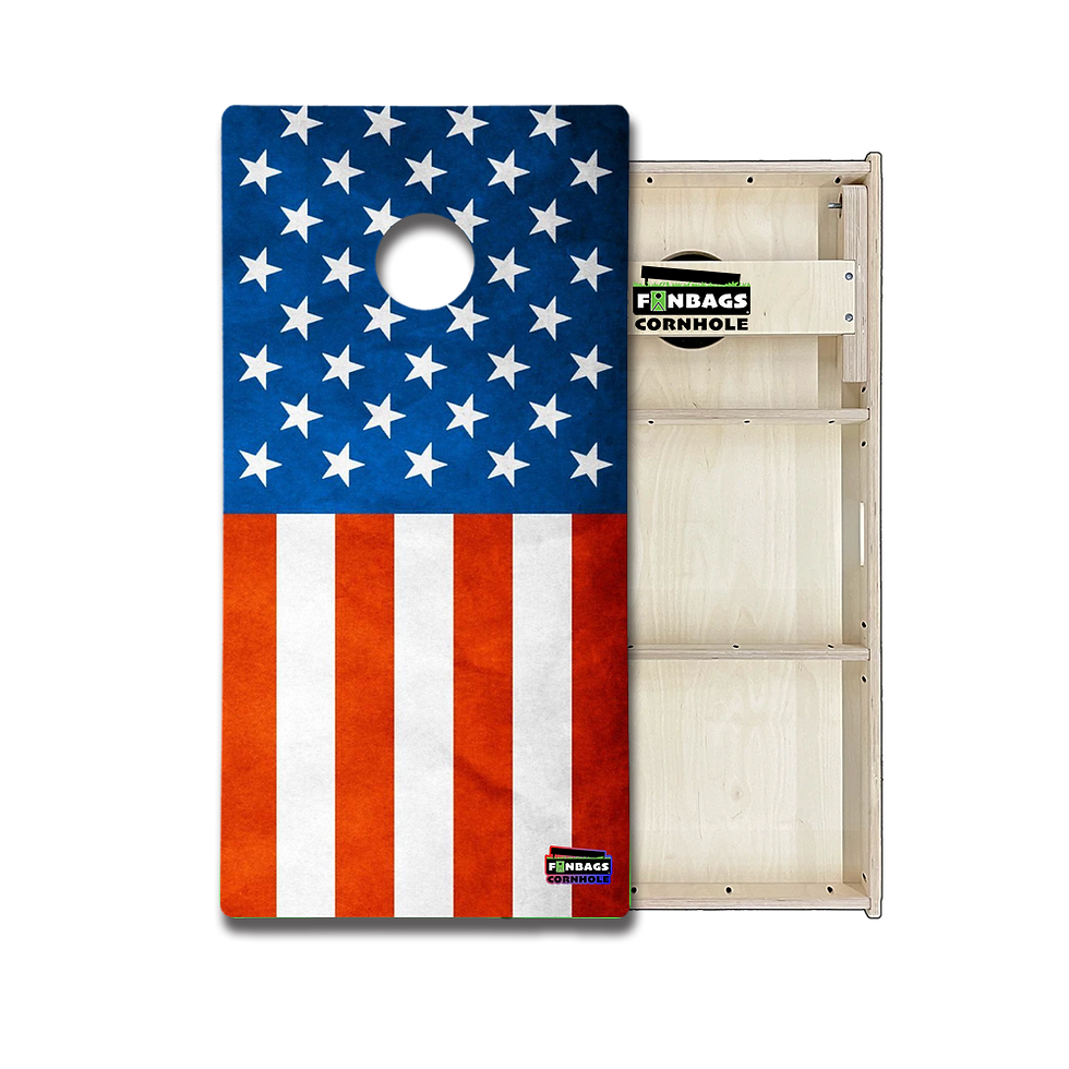 Thumbnail: American Flag Tournament Edition cornhole boards with a vibrant red, white, and blue patriotic design on regulation 24 x 48 i