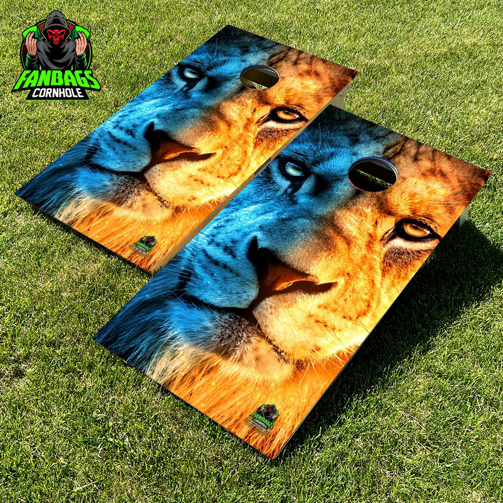 A pair of official-size cornhole boards made from high-quality Baltic birch wood, each showcasing a bold Detroit Lions-themed