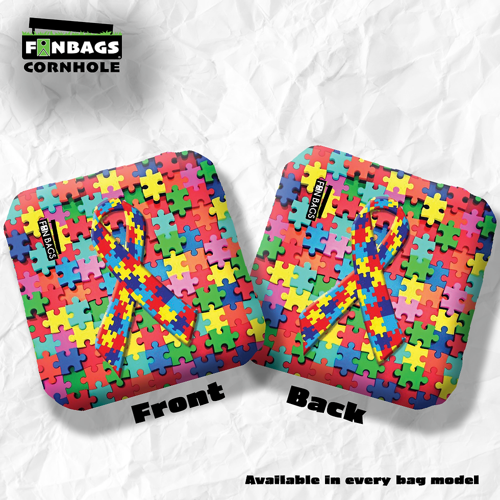 Set of four Autism-themed cornhole bags featuring colorful puzzle piece designs, regulation size, made with durable fabric an