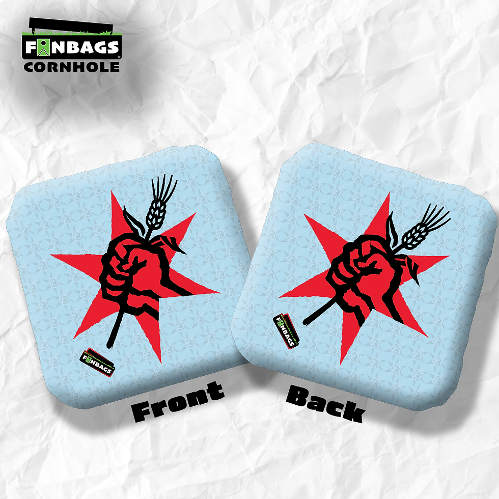 Thumbnail: A set of professional-grade Revolution Brewing cornhole bags featuring vibrant, full-color artwork printed directly into the