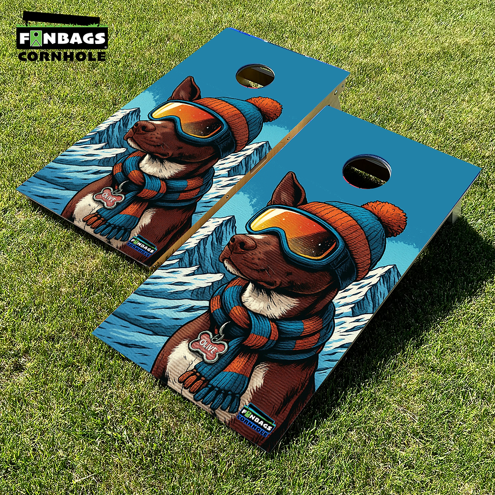 a picture of a dog wearing ski goggles with a snowy background on a set of cornhole boards