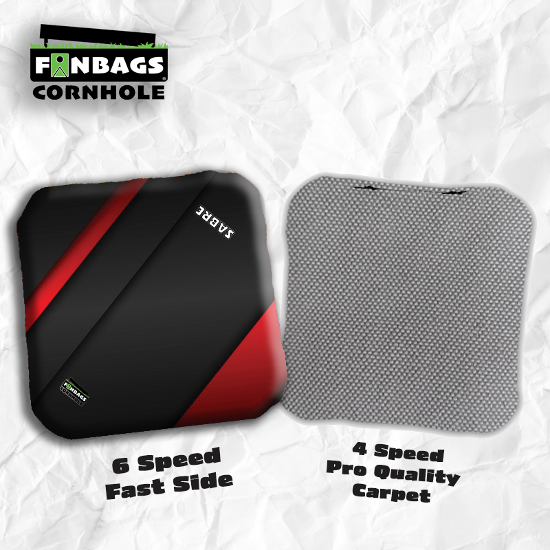 Set of four SABRE pro style cornhole bags featuring a dual-speed design, with a customizable fast fabric side and a professio