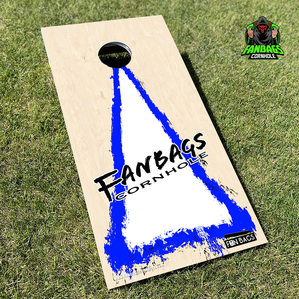 Thumbnail: Cornhole triangle design printed directly on a cornhole board sitting in the grass