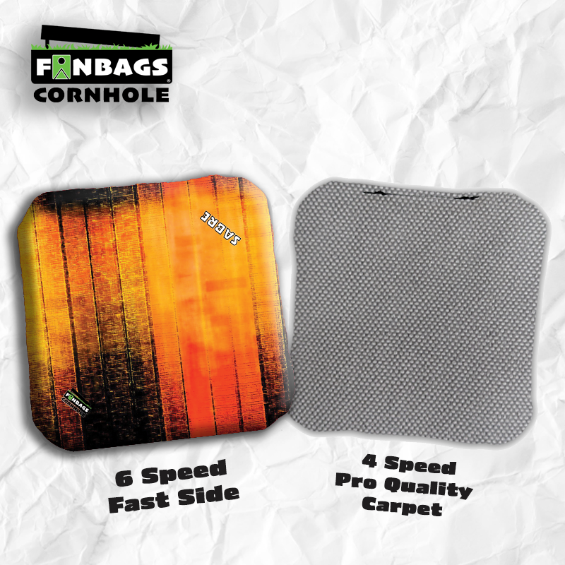 Set of four SABRE pro style cornhole bags featuring a dual-speed design, with a customizable fast fabric side and a professio
