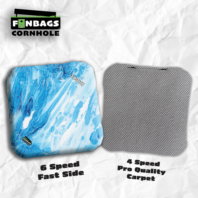 Set of four SABRE pro style cornhole bags featuring a dual-speed design, with a customizable fast fabric side and a professio