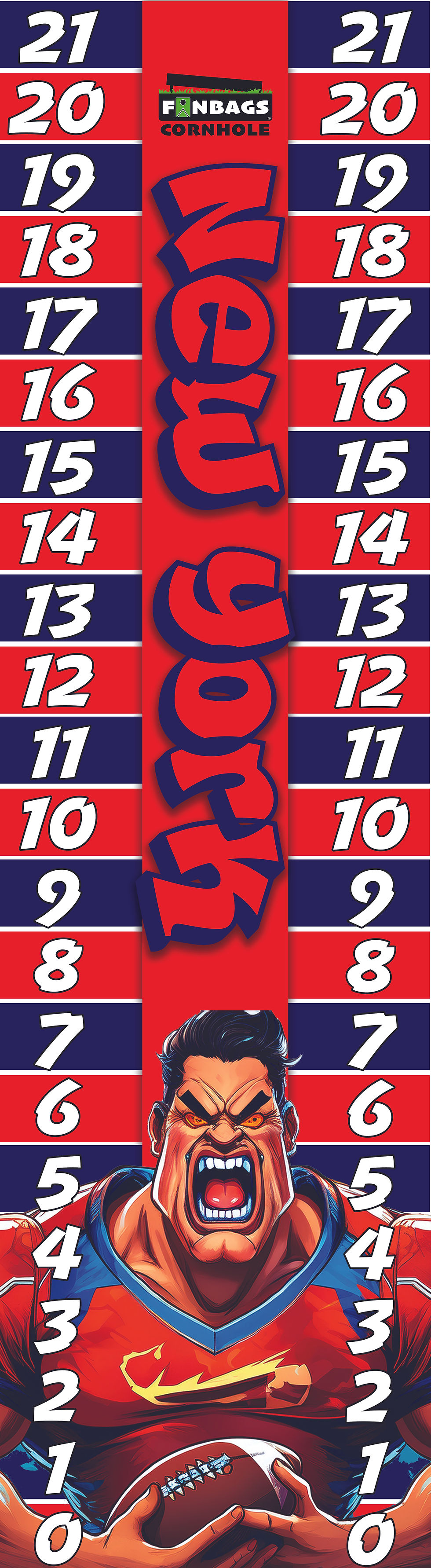 A picture of a cornhole score keeper sitting in a grass field showing off the different features of the score keeper.
