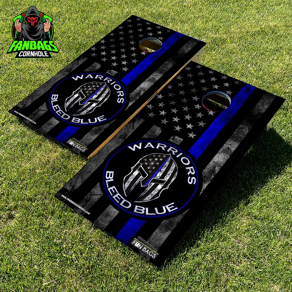 a set of cornhole boards sitting in grass with a thin blue line logo