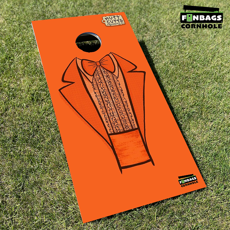 a set of cornhole boards featuring an orange tuxedo design on one board, and a blue tuxedo design on the second board.