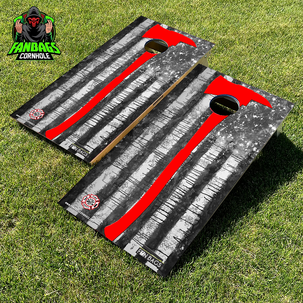 a set of cornhole boards sitting in grass with the thin red line design