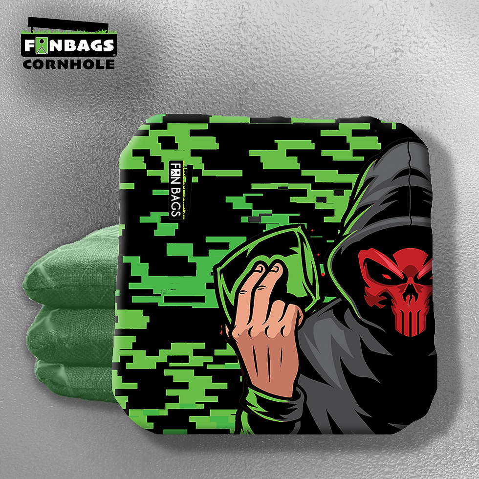 A set of four camouflage-themed cornhole bags laid out on a flat surface, featuring a rugged camo print in green, brown, and