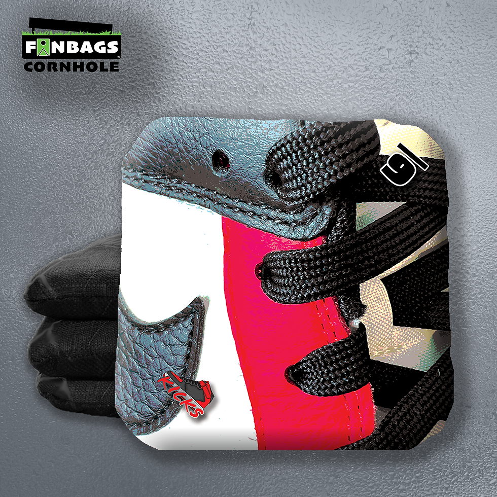 Set of four cornhole bags with Air Jordan-inspired designs, each featuring iconic basketball shoe artwork in bold colors