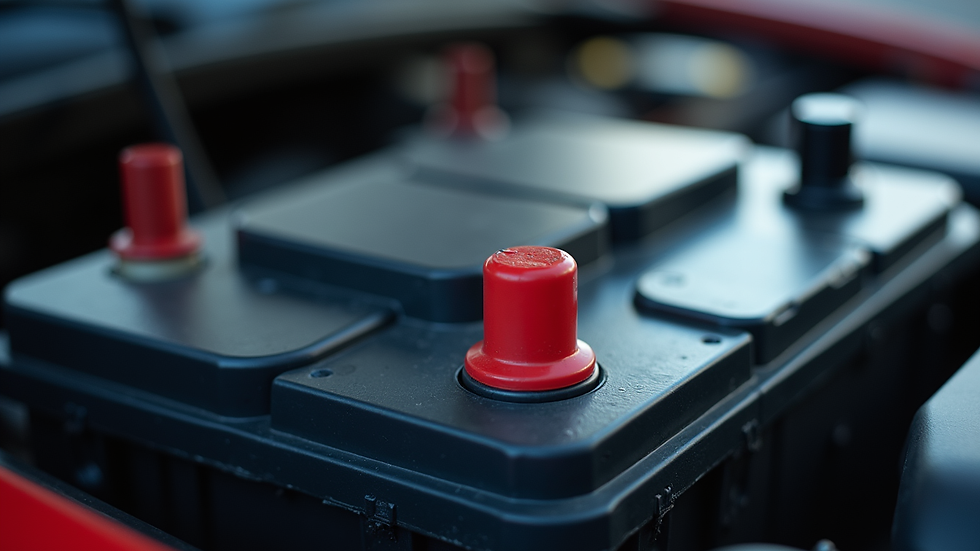 Close-up view of a car battery with visible terminals