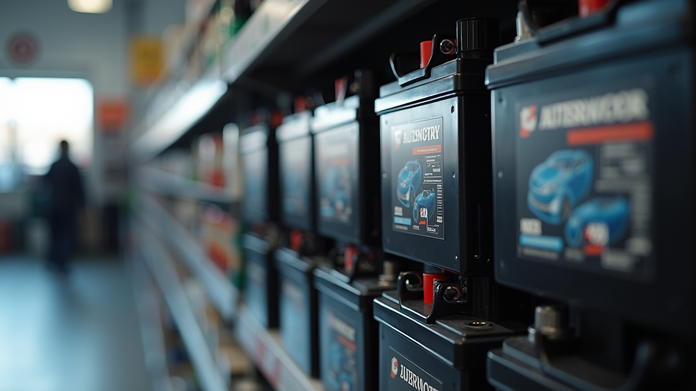 Eye-level view of a car battery display in an automotive store