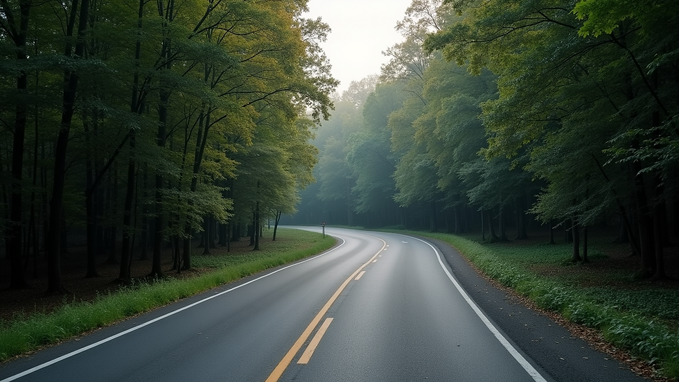 Eye-level view of a winding road through a dense forest