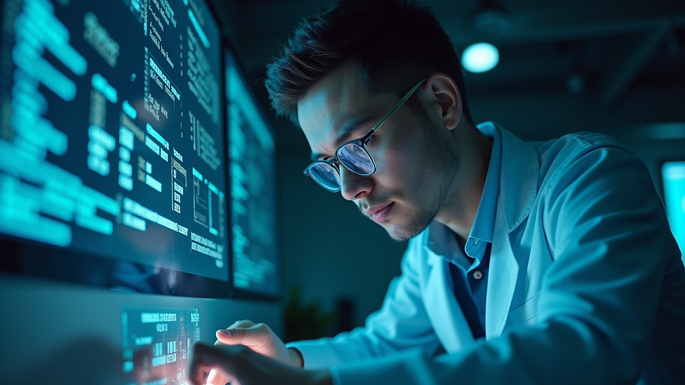 Eye-level view of a digital forensic expert analyzing blockchain data