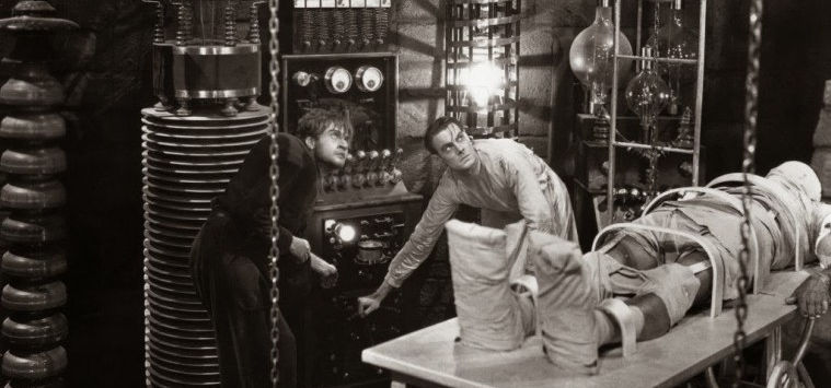 Frankenstein and monster in lab