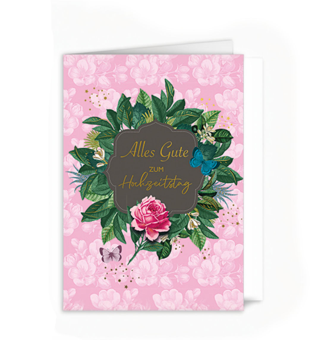 Klappkarte „Alles Gute zum Hochzeitstag“ von ActeTre mit hochwertiger Applikation und Umschlag.