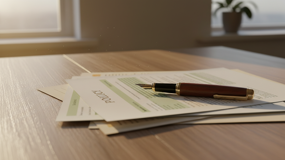 Close-up view of insurance documents and a pen on a wooden table