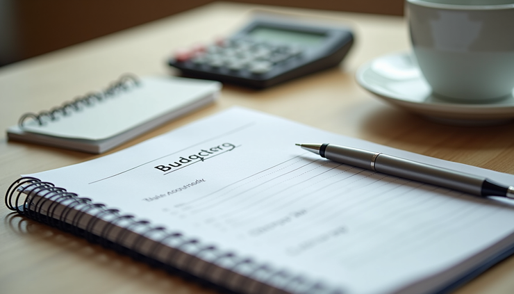 Eye-level view of a neatly organized desk with a notebook, calculator, and pen for budgeting