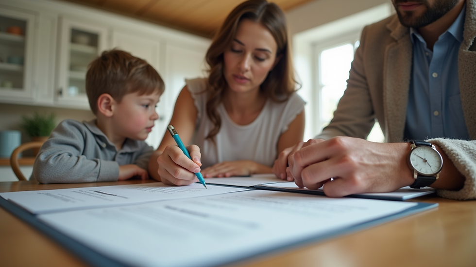 Eye-level view of a family reviewing insurance documents at a kitchen table