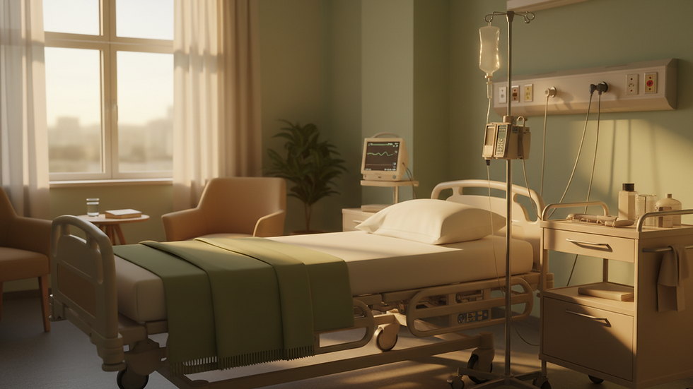Eye-level view of hospital room with empty bed and medical equipment