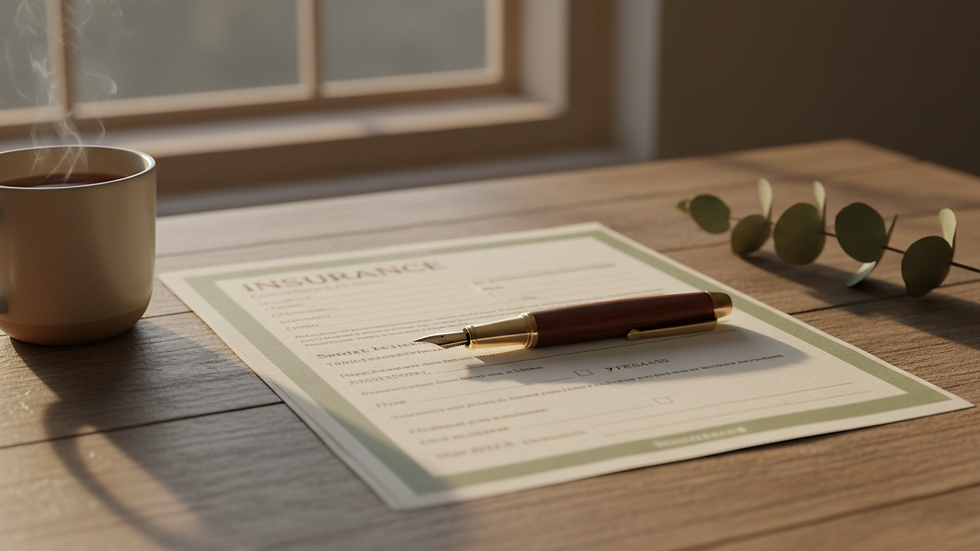 Close-up view of insurance documents and pen on a wooden table