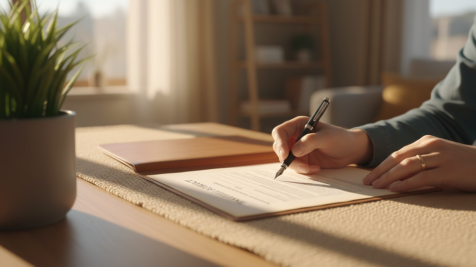 Close-up view of a hand signing an insurance contract with a pen
