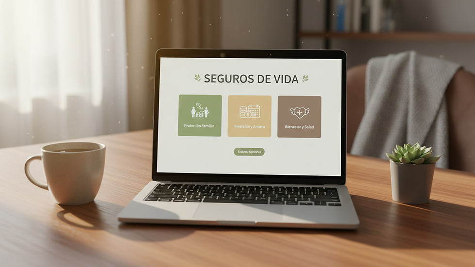 Vista frontal de una computadora portátil con pantalla mostrando opciones de seguros de vida