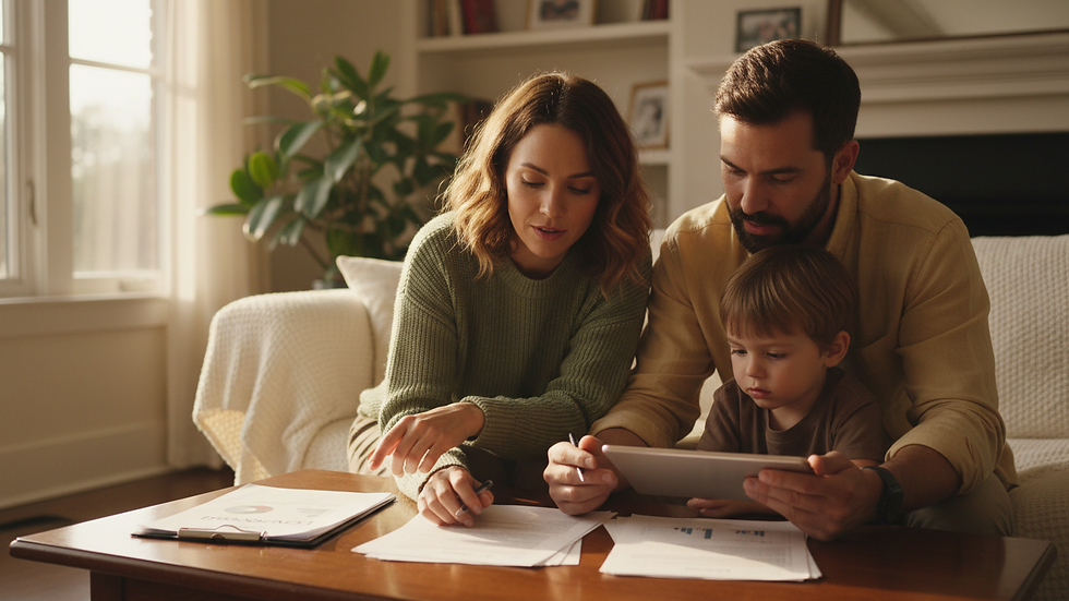 Close-up view of a family reviewing insurance documents at home