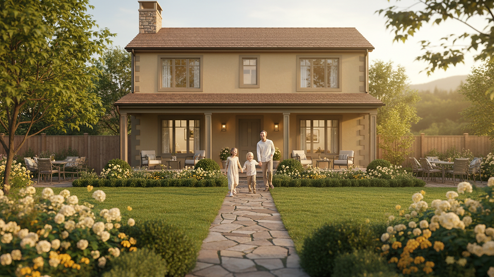 Eye-level view of a family home with a well-maintained garden