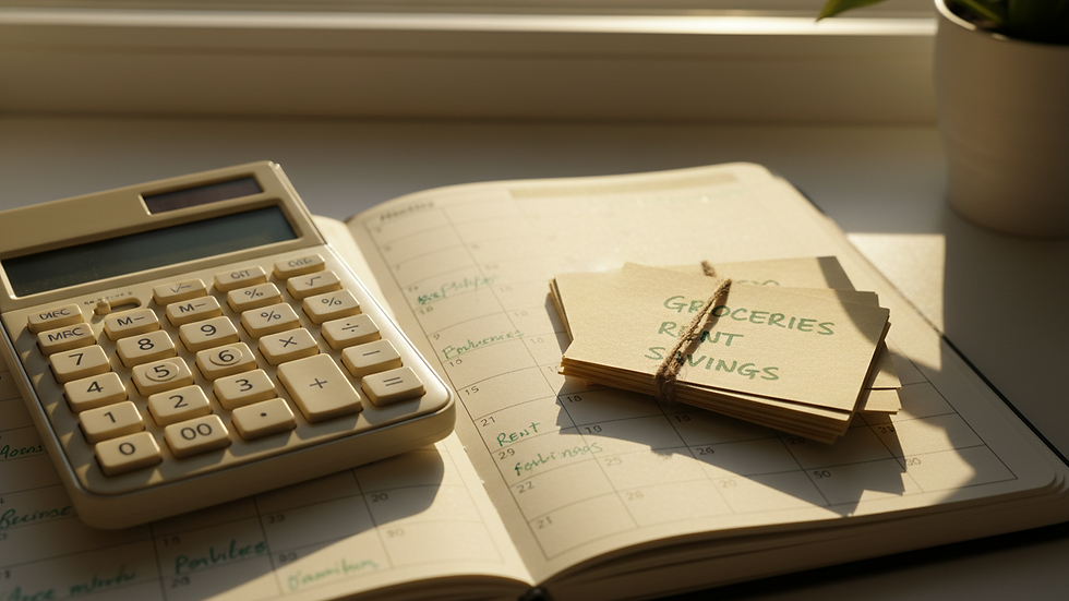 Close-up view of family budget planner with calculator and notes