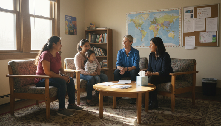 Wide-angle view of a community support room with an interpreter assisting a family and a service worker.