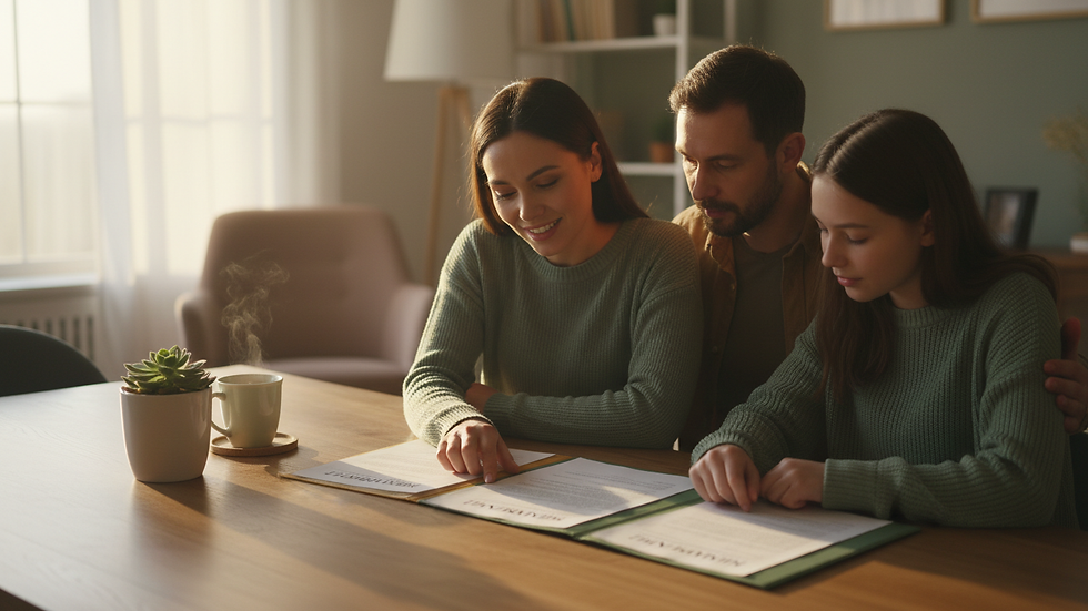 Close-up view of a family reviewing insurance documents at home
