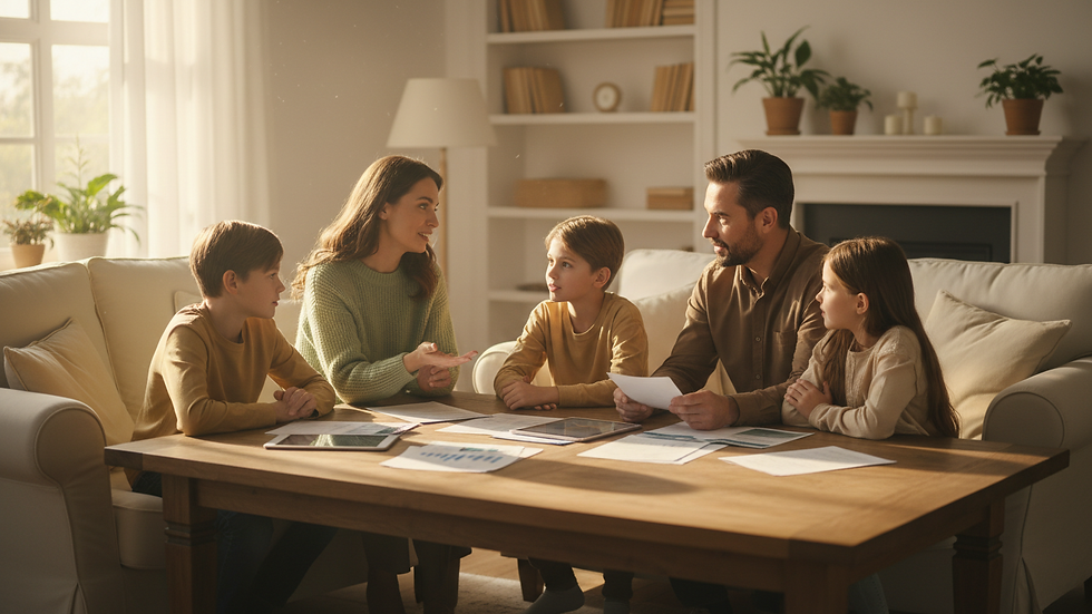 Eye-level view of a family sitting together discussing insurance options