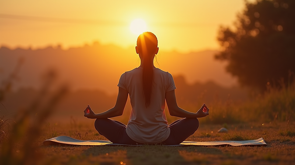 High angle view of a person practicing yoga outdoors at sunrise