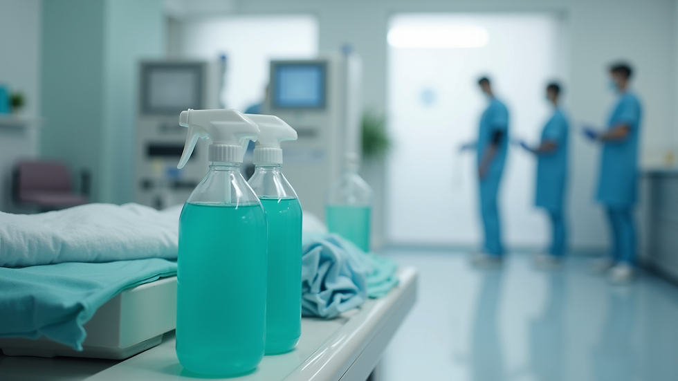 Close-up view of cleaning equipment and disinfectants in a medical practice