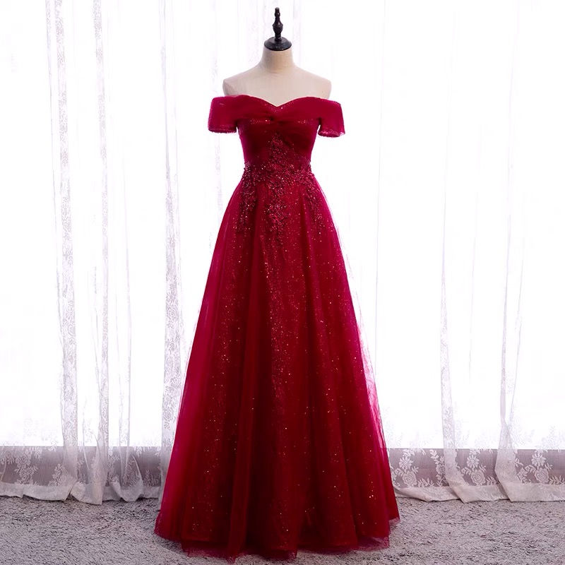 Thumbnail: Elegance Off Shoulder Lace Maxi Dress in Red