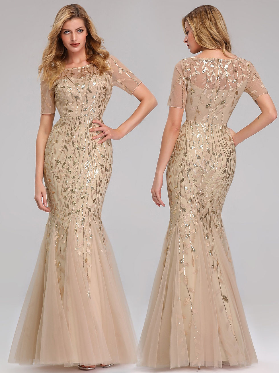 Thumbnail: Until Forever Short Sleeve Floral Sequin Mermaid Dress